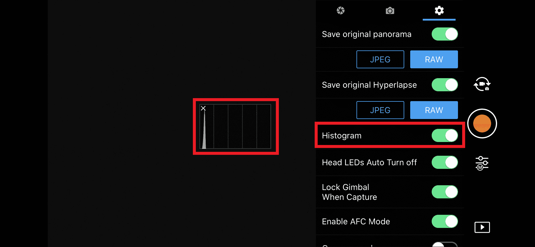 in de camera-menu van de dji app kun je de histogram aanzetten DJi Go 4 app histogram instellingen camera